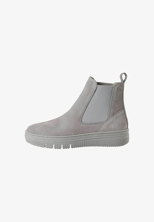 Grau Wildleder Chelsea Boot mit elastischen Seiteneinsätzen und Zugschlaufe. Dicke Gummisohle mit geriffelter Textur, glatter und matter Oberfläche.