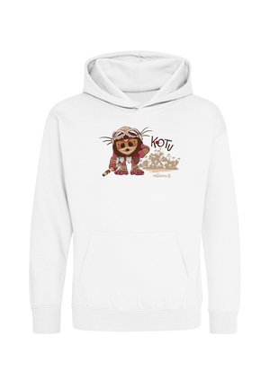 Hvid hættetrøje med en farverig tegneseriefigur, der holder en stav, tekst "KOTU," og palmesilhuetter fra Moana 2.