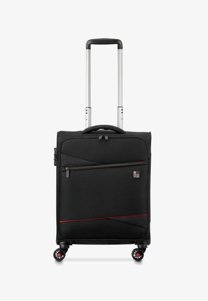 Zwarte koffer met een tekstuurontwerp, rode accentlijn, telescopische handgreep en vier multidirectionele wielen. Heeft een voorzak met rits.