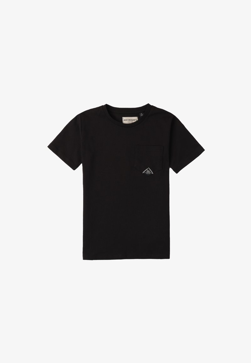 Czarna bawełniana koszulka z krótkim rękawem, okrągłym dekoltem i kieszenią na piersi z małym trójkątnym logo. Prosty design, gładka tekstura.
