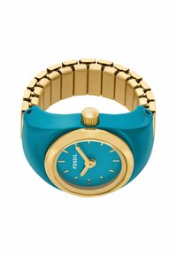 Montre turquoise avec bracelet en métal doré, cadran rond, index des heures dorés et couronne texturée. Présente un boîtier en plastique brillant.