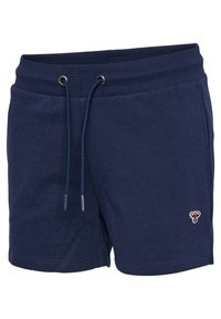 Námorně modré šortky vyrobené z měkké bavlny, s elastickým pasem na šňůrku a malým vyšitým logem na levé noze.
