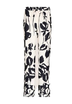 Loose-fit white pants with black abstract floral print, elastic waistband, and a front tie drawstring.