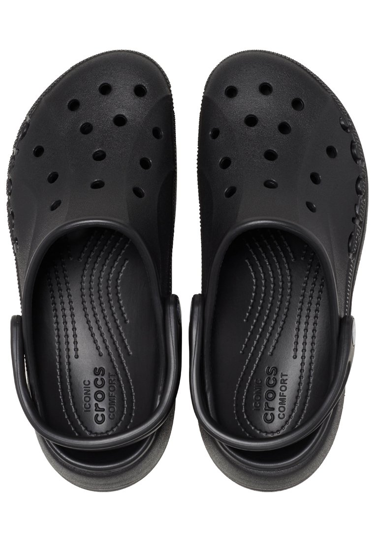 Zuecos Crocs negros hechos de material duradero, con un diseño ventilado que cuenta con múltiples orificios, una plantilla texturizada y una correa trasera.
