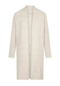 Lång, öppen cardigan i ljusbeige, tillverkad av mjukt tyg med ribbade ärmslut. Lättviktig och avslappnad passform utan knäppningar.