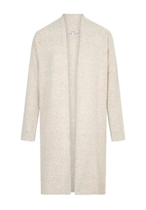 Cardigan long et ouvert à l'avant en beige clair, fabriqué en tissu doux avec des poignets à côtes. Coupe légère et décontractée sans fermetures.
