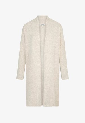 Lange, open voorkardigan in lichtbeige, gemaakt van een zachte stof met ribbelmanchetten. Lichtgewicht en ontspannen pasvorm zonder sluitingen.