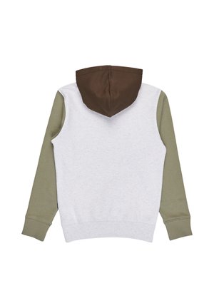 Mikina s kapucí hnědou kapucí, šedým tělem a zelenými rukávy. Obsahuje žebrované manžety a lem. Vyrobena z měkké, texturované bavlněné směsi.