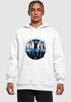 White hoodie featuring a round graphic of five figures with "backstreet boys" text and blue accents. Material appears soft with a front pocket.