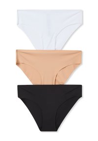 Tre paia di slip bikini impilati: bianco, nudo e nero. Realizzati in tessuto morbido con taglio classico e morbida cintura elastica.