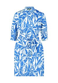 Abito bluso blu e bianco con un motivo floreale a foglie, maniche di lunghezza media, vita con cintura e colletto.