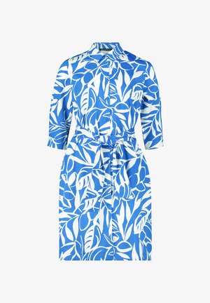 Blau-weißes Hemdkleid mit floralem Blättermuster, mittellangen Ärmeln, tailliertem Gürtel und kragenlosem Ausschnitt.