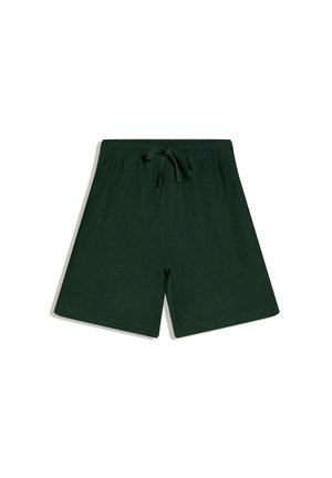 Sötétzöld, elasztikus derékpántos rövidnadrág állítható zsinórral, egyenes szárakkal és egyszerű mintával, fehér háttéren lefektetve.