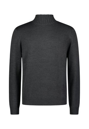 Dunkelgrauer Strickpullover mit hohem, geripptem Kragen, langen Ärmeln und geripptem Saum. Glatte Textur und schlichtes Design ohne Muster.