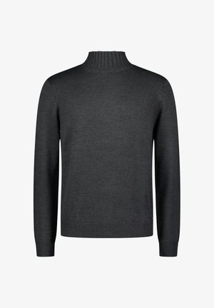 Mørkegrå strikketrøje med en høj ribbestrikket krave, lange ærmer og ribbede kanter. Glat tekstur og enkelt design uden mønstre.