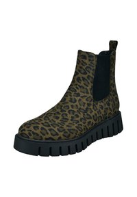 Leopard-Print-Ankle-Boots mit einem weichen Obermaterial aus Stoff, elastischen seitlichen Einsätzen und einer stabilen schwarzen Gummisohle mit geriffelter Detailgestaltung.