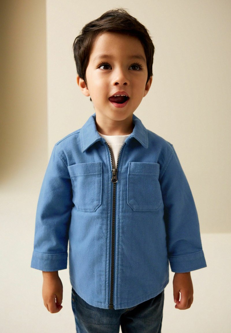 Młody chłopiec o krótkich ciemnych włosach, ubrany w niebieską kurtkę na zamek i jeansy, patrzący lekko do góry z otwartymi ustami.
