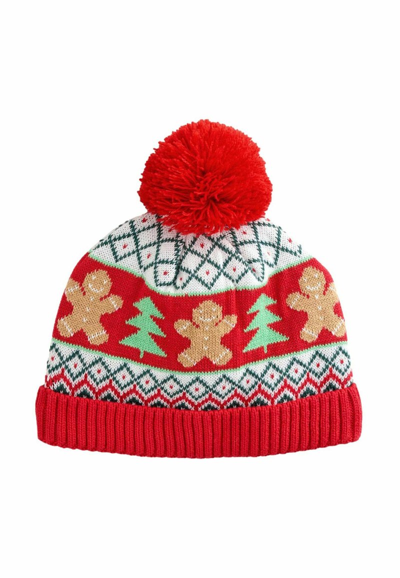 Red knitted beanie with white, green, and gold patterns, featuring gingerbread men and Christmas trees, topped with a red pom-pom.