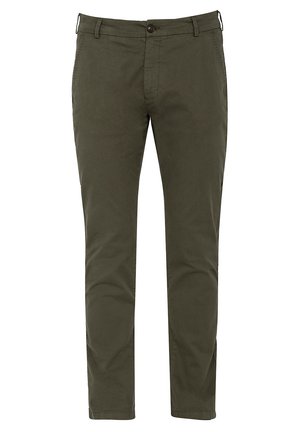 Pantalons ajustés couleur vert olive en coton, dotés d'une fermeture à bouton, de poches latérales et d'une texture lisse avec des détails cousus.