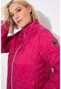 Chaqueta acolchada rosa con cuello alto, cremallera frontal y un patrón hexagonal. Tiene un parche de logo en la manga izquierda. Textura suave.