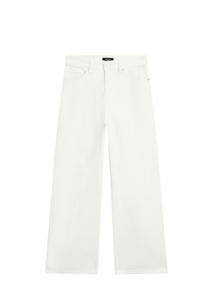 Hvide bredbenede jeans lavet af denim. Har et fem-lomme design og en lynlås med knaplukning. Glat tekstur og rene linjer.