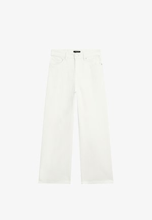 Weiße, weit geschnittene Jeans aus Denim. Verfügt über ein Fünf-Taschen-Design und einen Reißverschluss mit Knopfverschluss. Glatte Textur und klare Linien.