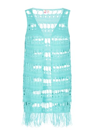 Tyrkysová háčkovaná vesta s výstřihem do V, zdobená otevřenými vzory a třásněmi podél lemu. Lehce a texturovaná látka.