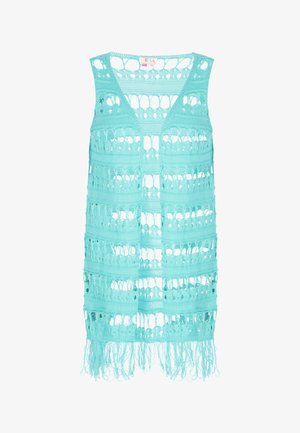 Türkiz horgolt mellény V-nyakú dizájnnal, nyitott mintákkal és bojt részletekkel az alján. Könnyű és textúrált anyag.