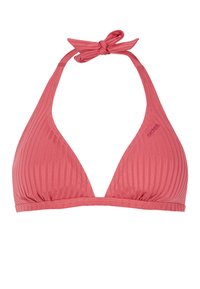 Top bikini triangolare a costine corallo con spalline regolabili, centro arricciato e sottile dettaglio logo sul lato. Tessuto liscio ed elastico.