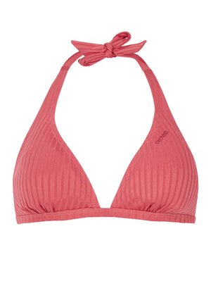 Korálový bikiny top ve tvaru trojúhelníku s vlastními zavazovacími ramínky, nařaseným středem a decentním logem po straně. Hladká, elastická látka.