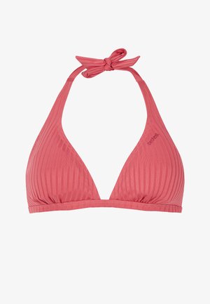 Korálový bikiny top ve tvaru trojúhelníku s vlastními zavazovacími ramínky, nařaseným středem a decentním logem po straně. Hladká, elastická látka.