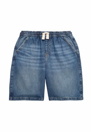 Short en jean bleu avec taille élastique et cordon blanc, doté de poches latérales et d'une texture délavée à l'avant.