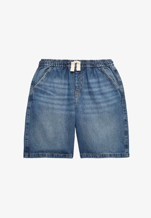 Niebieskie szorty dżinsowe z elastycznym pasem i białym sznurkiem, z bocznymi kieszeniami i wyblakłą fakturą z przodu.