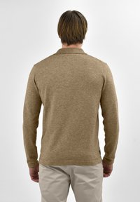 Bruine lange mouwen polo met een gestructureerde gebreide stof, voorzien van een kraag en een rechte zoom, gezien van achteren.