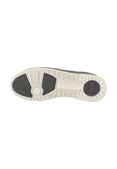 Shoe sole with a textured dark gray rubber section and a white midsole. Features circular and linear patterns for grip and support.