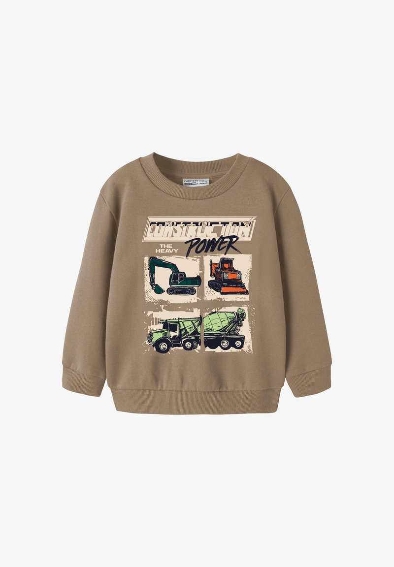 Sweat-shirt marron pour enfant avec des illustrations de véhicules de chantier et le texte "Construction The Heavy Power" sur le devant.