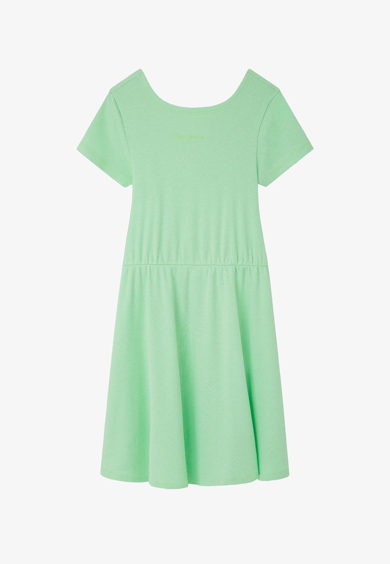 Robe courte à manches courtes vert clair avec un col rond et une taille froncée, dotée d'une jupe évasée.
