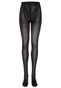 Collant neri opachi con una texture liscia, dotati di una cintura rinforzata e design senza cuciture. Adatti per vari outfit.