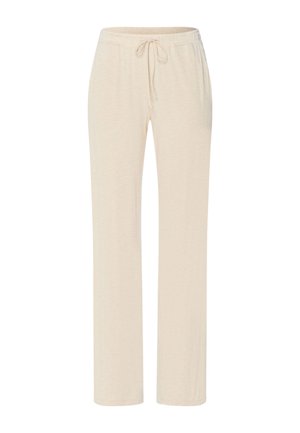 Pantaloni da lounge in tessuto beige morbido con vita elastica e coulisse frontale, vestibilità a gamba dritta, senza tasche visibili.