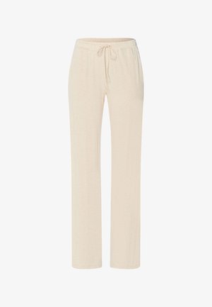 Pantaloni da lounge in tessuto beige morbido con vita elastica e coulisse frontale, vestibilità a gamba dritta, senza tasche visibili.