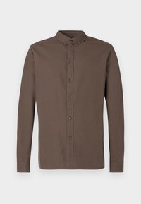 Dunkelbraunes Langarm-Hemd mit klassischem Kragen, acht vorderen Knöpfen und einer glatten, leichten Stoffstruktur.