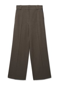 Weite Hose aus einem dunkelbraunen Stoff. Verfügt über Vorderfalten, Seitentaschen und eine glatte Textur mit kontrastierenden Seitenelementen.