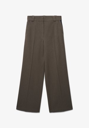 Wide-leg trousers in a dark brown fabric. Features front pleats, side pockets, and a smooth texture with contrasting side panel details.