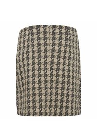 Jupe à motif pied-de-poule en crème et noir, avec une silhouette ajustée, un tissu texturé et une fermeture éclair à l'arrière.