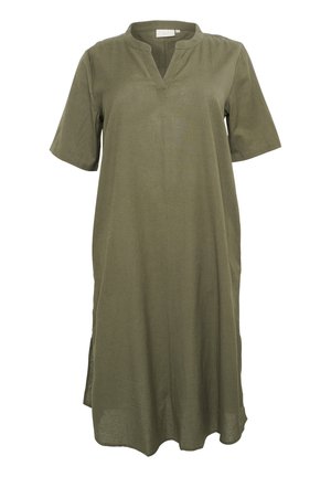 Olive green linen dress with short sleeves, V-neckline, and side slits. Lightweight, loose fit, smooth texture, and simple design.