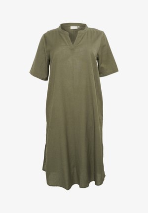 Olive green linen dress with short sleeves, V-neckline, and side slits. Lightweight, loose fit, smooth texture, and simple design.