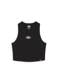 Svart kort tanktop i bomull med rund halsringning. Har en liten vit Dickies-logotyp på framsidan och en etikett på fållen.