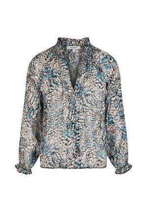 Blusa a maniche lunghe con polsini e scollo arricciati, caratterizzata da una stampa astratta con piume nei toni del blu, marrone e beige.