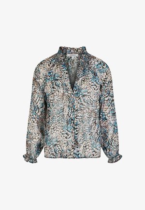 Blusa a maniche lunghe con polsini e scollo arricciati, caratterizzata da una stampa astratta con piume nei toni del blu, marrone e beige.