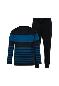 Camisa de manga larga de algodón con rayas horizontales en negro y verde azulado, combinada con pantalones deportivos negros a juego con cintura elástica y bolsillos.